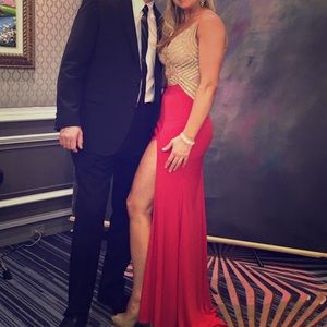 Long, red, high slit formal gown